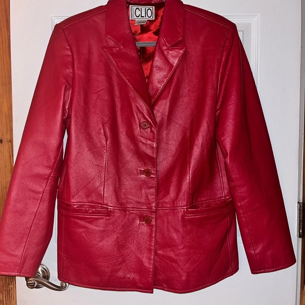 Clio Vintage Women's Vibrant Red Genuine Leather Blazer Jacket Medium - Picture 1 of 6
